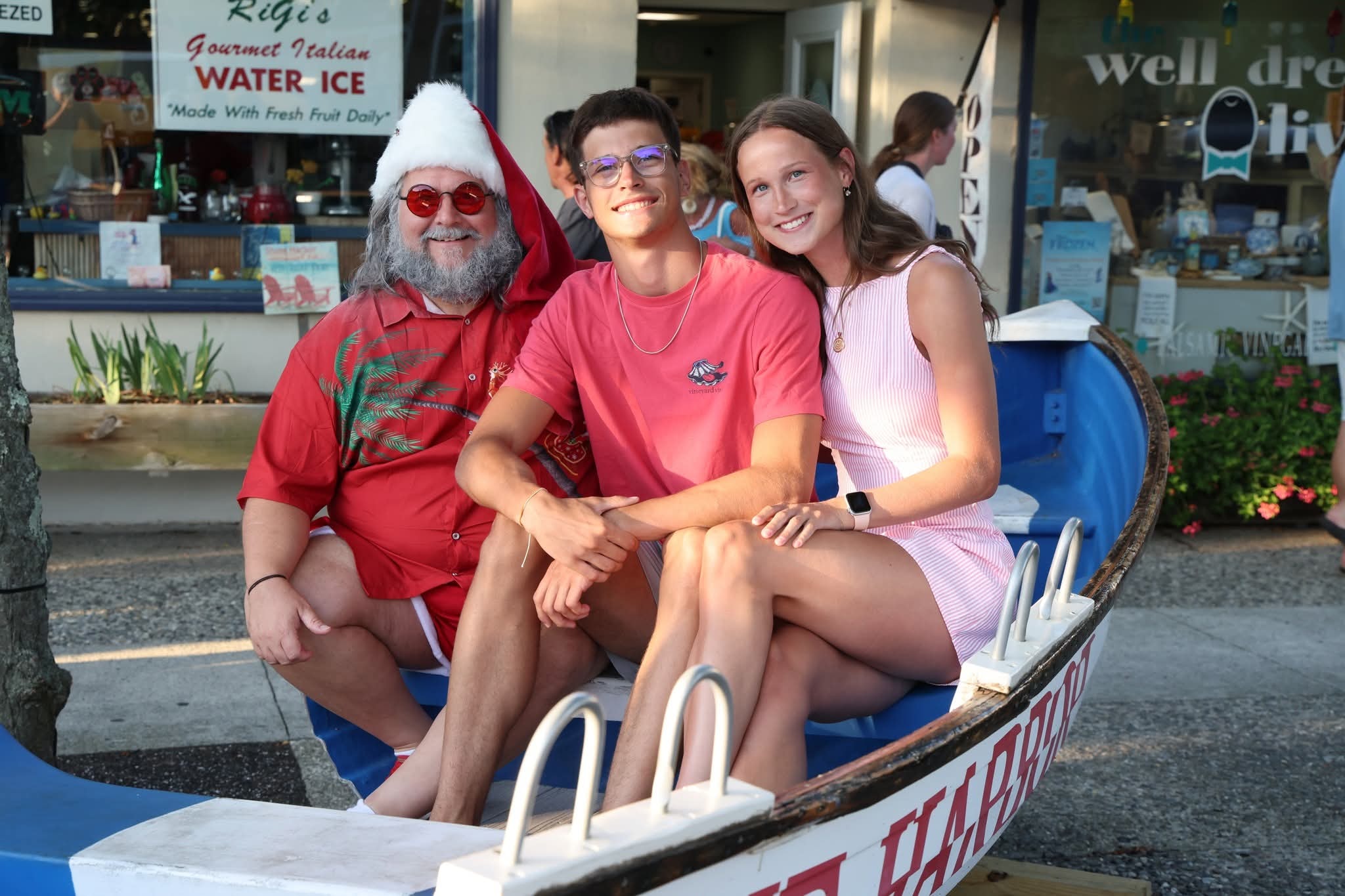 Cape May County Santa with a teenage boy and girl in the Stone Harbor boat