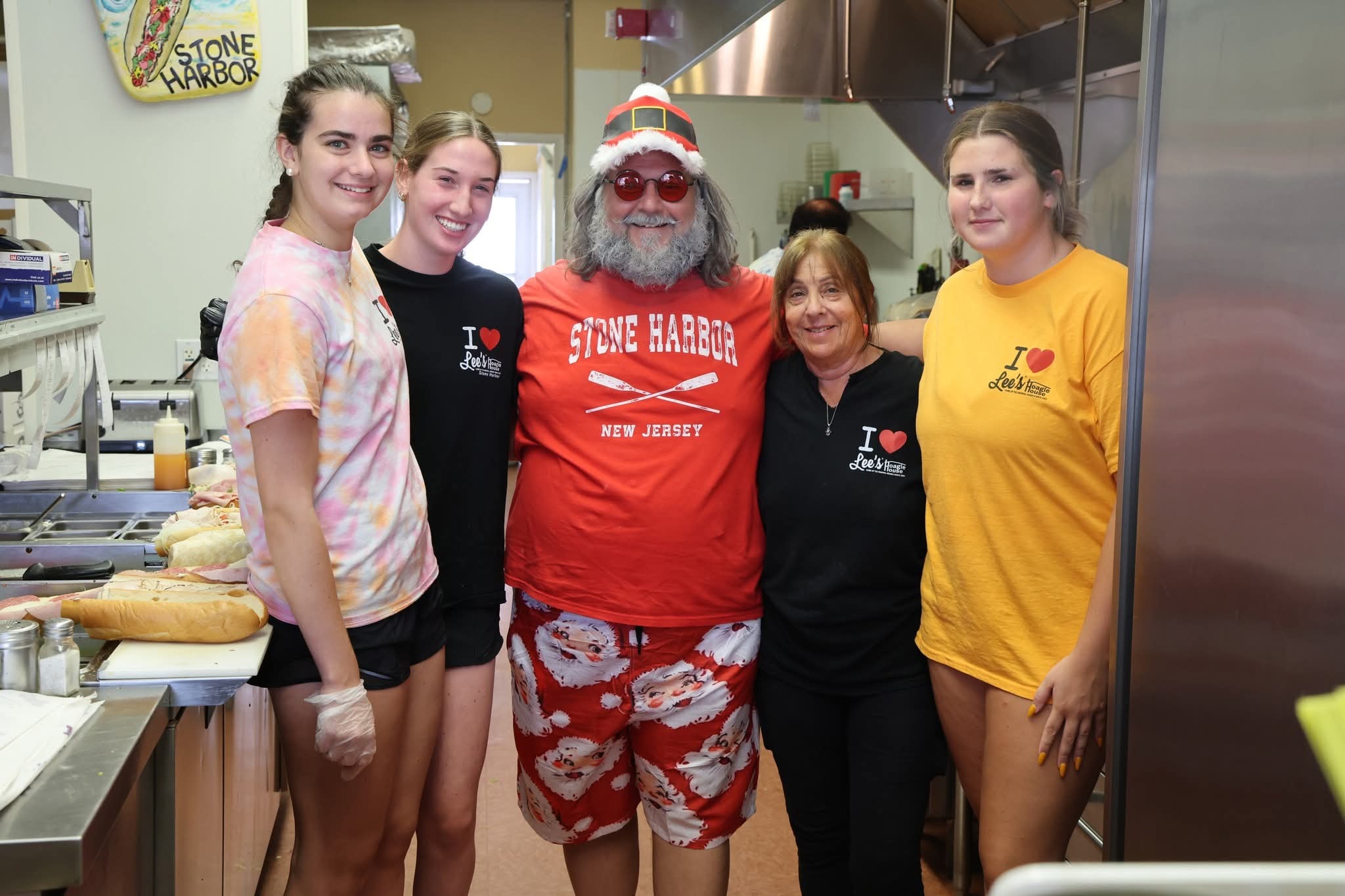 Cape May County Santa with the Lee's Hoagie House staff in the kitchen